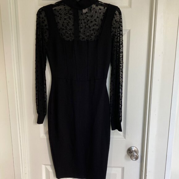 Sheer Polka Dot Long Sleeve Black Bodycon Dress With Mock Neck & Back Zip Closur - Picture 4 of 9
